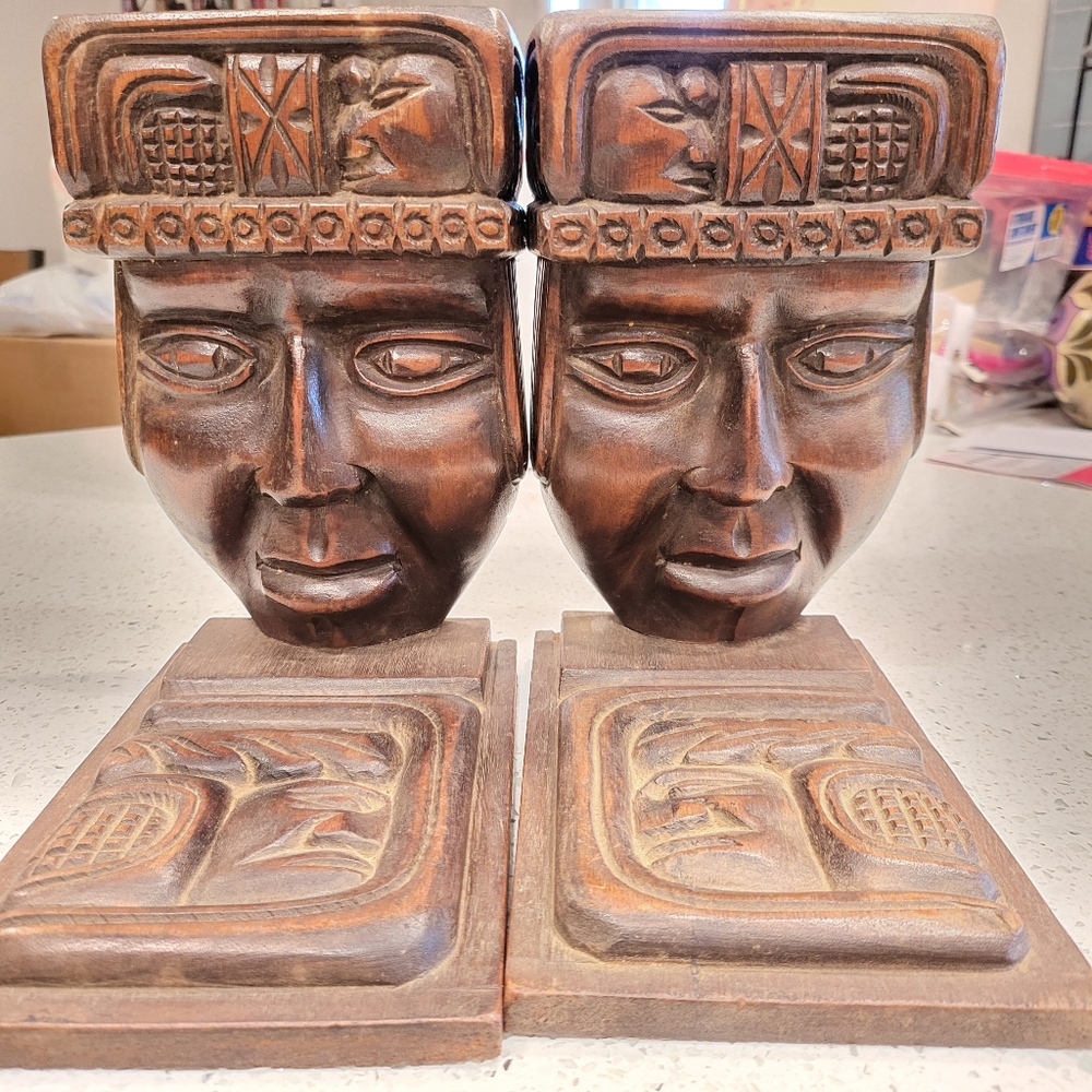 Vintage 1960's Hand Carved Tribal Wooden Bookends/ TIKI